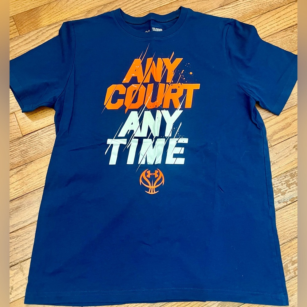 Under Armour Navy Blue Tee with Orange & White Graphic YXL